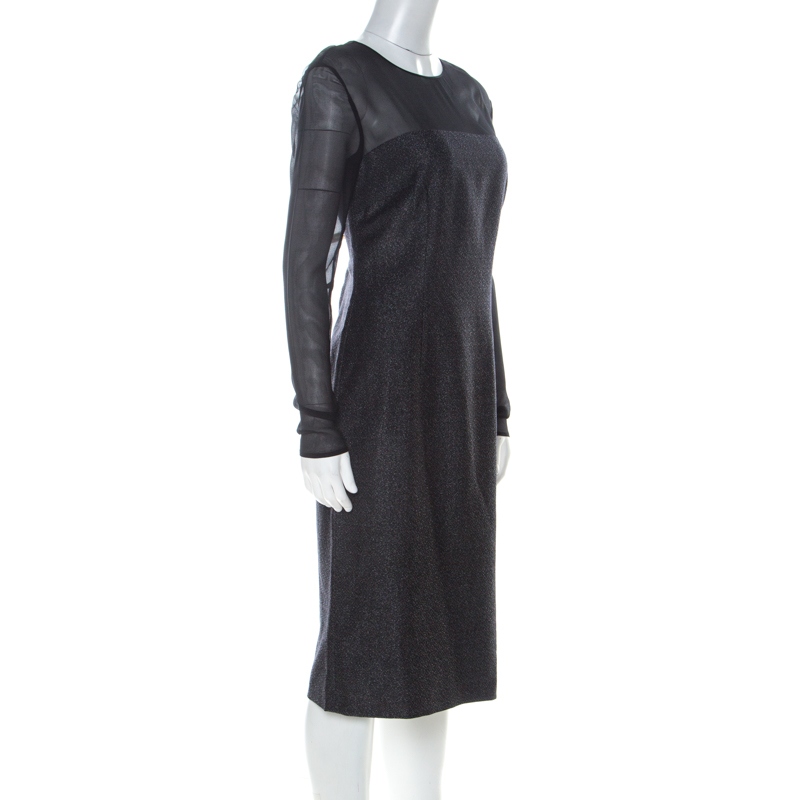 Pre-owned Escada Metallic Grey Wool Blend Sheer Yoke Dariello Pencil Dress M
