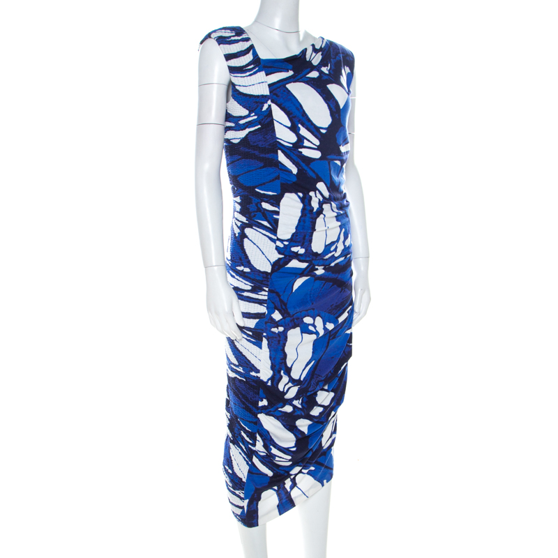 

Escada Azure Blue Print Jersey Asymmetric Neck Elfryda Ruched Dress