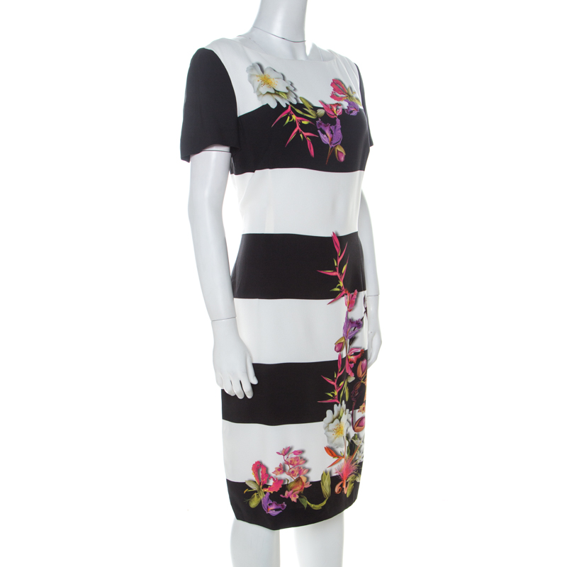 

Escada Monochrome Floral Print Wide Striped Crepe Dkantus Shift Dress, Multicolor