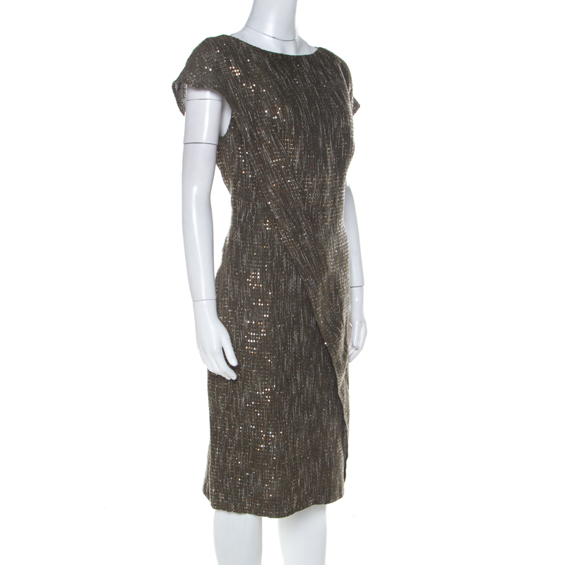 

Escada Olive Green Sequinned Tweed Darouny Sheath Dress