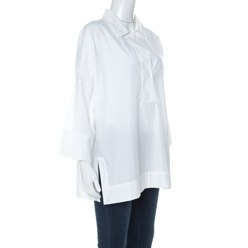 

Escada White Cotton Drop Shoulder Three Quarter Sleeve Collared Top