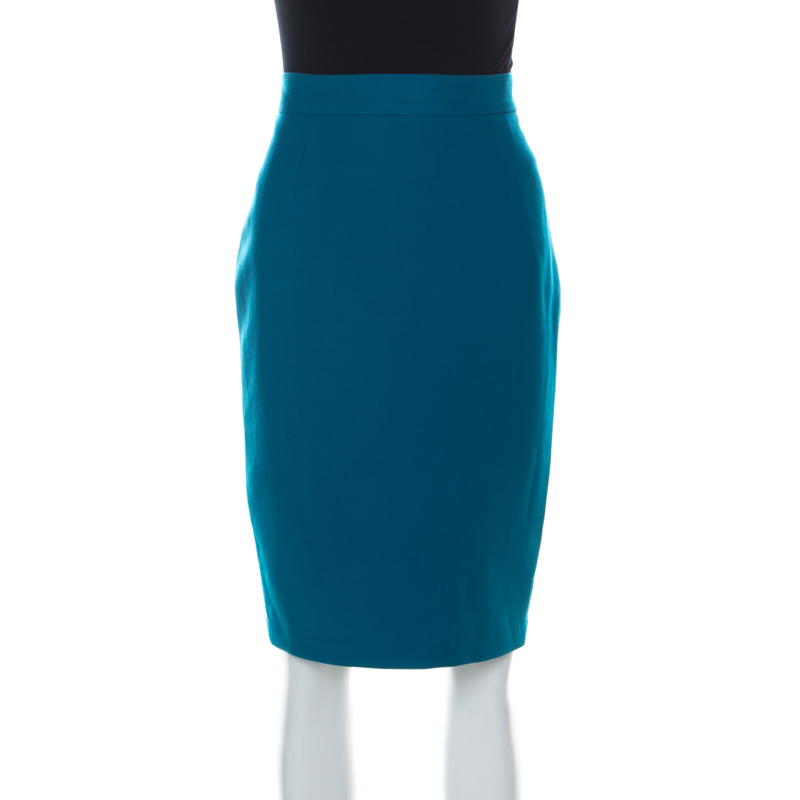 Pre Owned Escada Blue Wool Pencil Skirt M