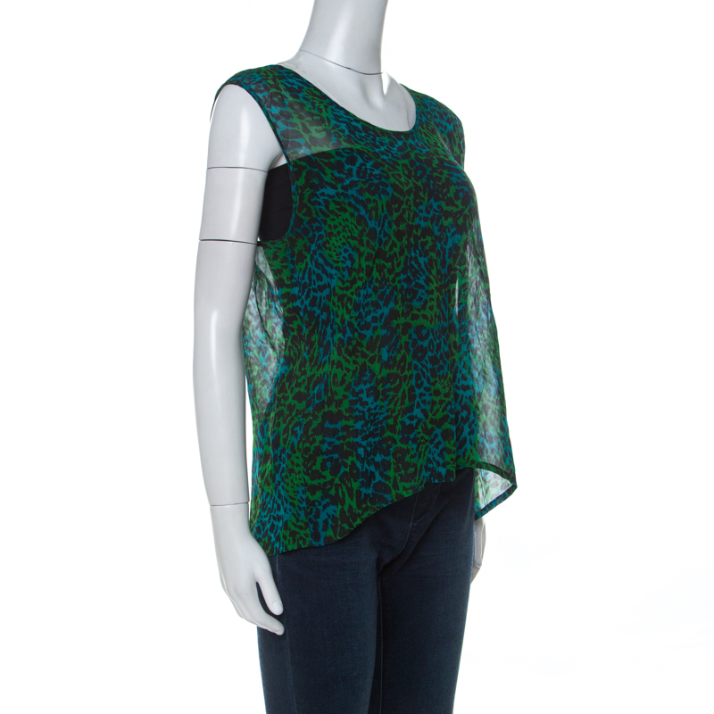 

Escada Bicolor Leopard Print Georgette Sleeveless Sheer Top, Green