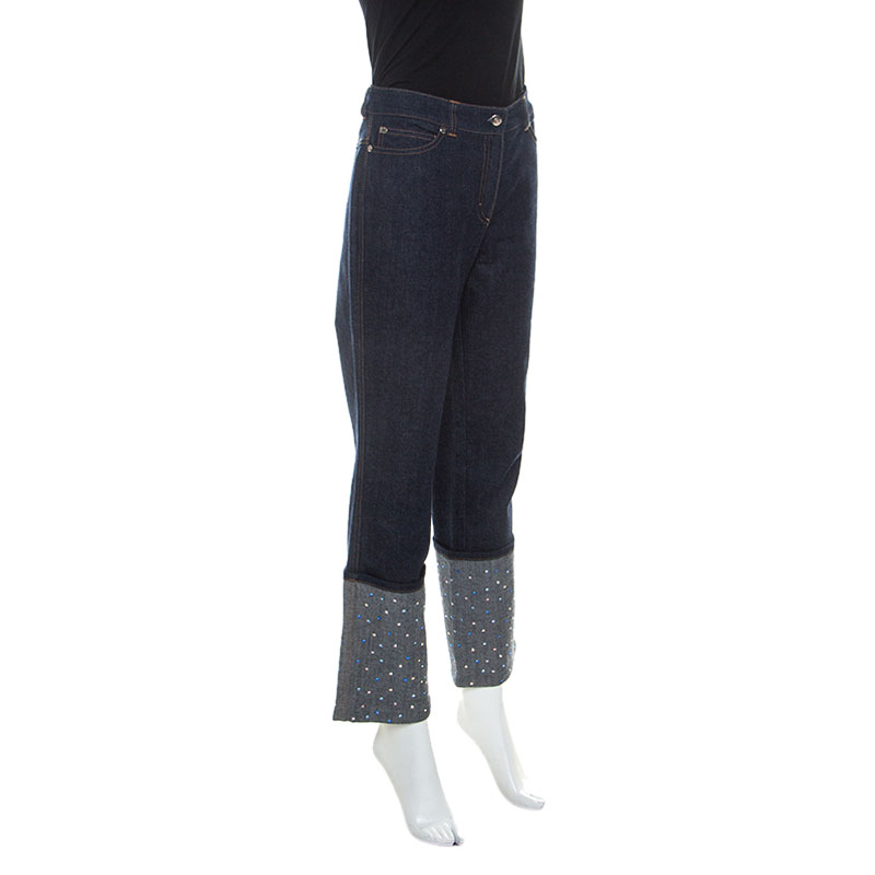 

Escada Blue Dark Wash Denim Turn Up Embellished Hem Jeans
