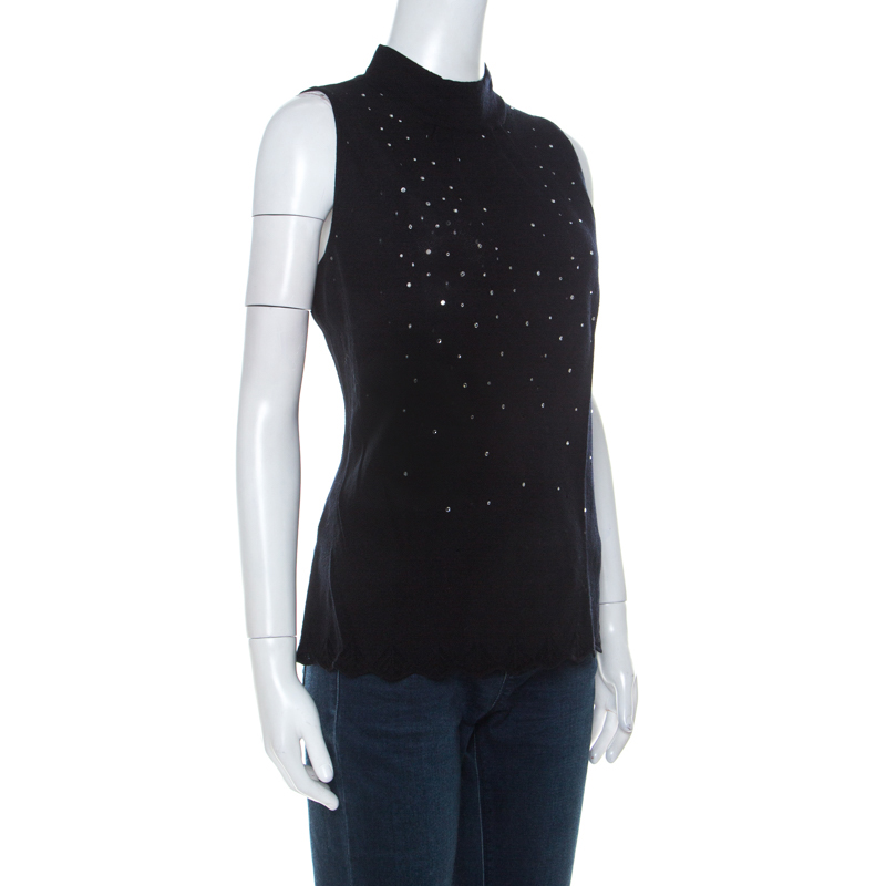 

Escada Black Stretch Wool Embellished Sleeveless Lace Top