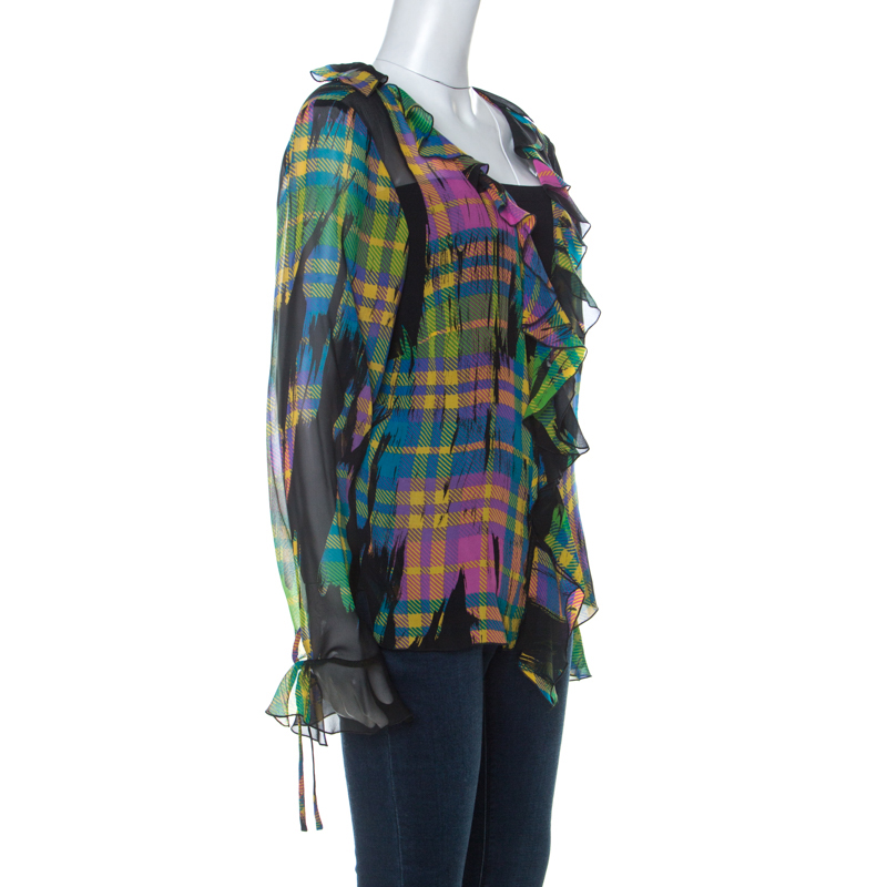 

Escada Multicolor Plaid Print Silk Ruffle Detail Button Front Shirt