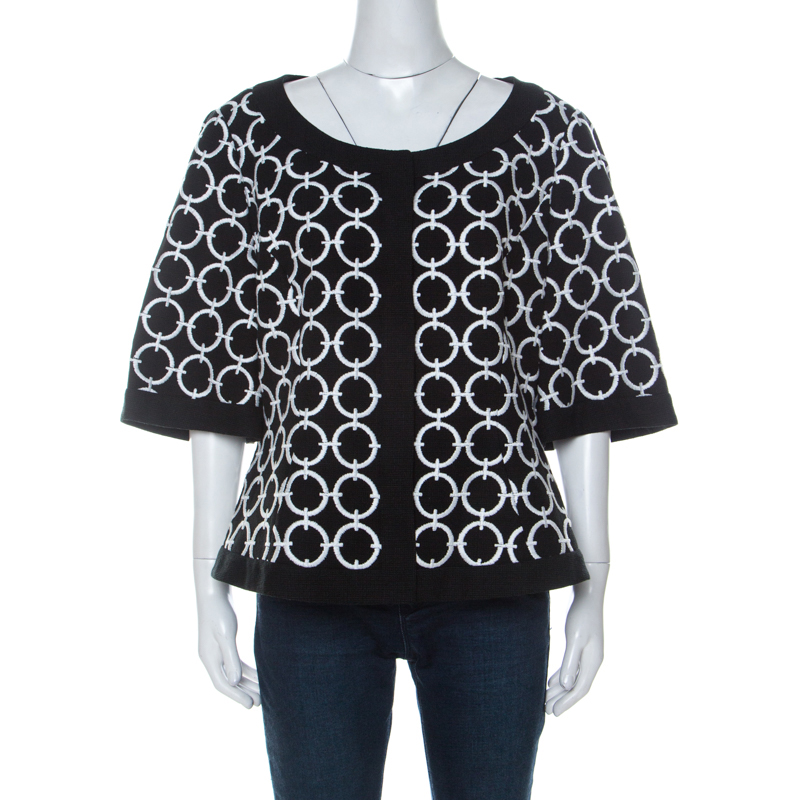 Pre Owned Escada Black Contrast Embroidery Knit Short Sleeve Jacket XL