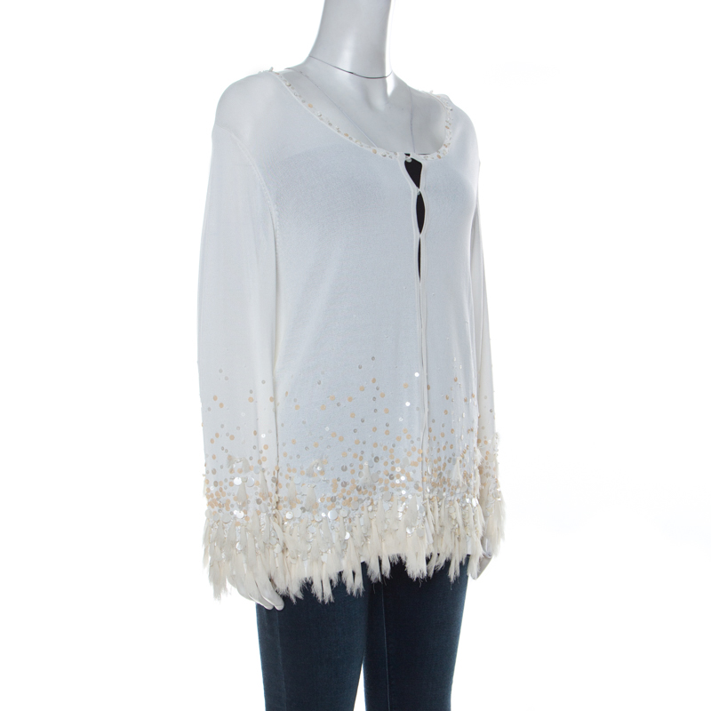 

Escada Off White Knit Embellished Hemline Detail Cardigan