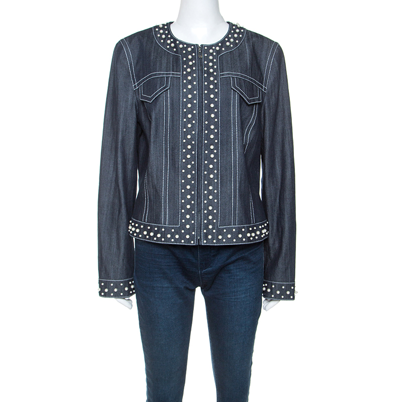 Pre Owned Escada Dark Blue Pearl Embellished Zipped Jacket L
