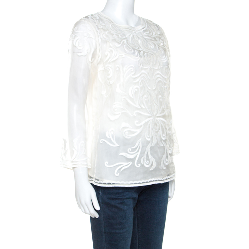

Escada Off White Embroidered Sheer Silk Organza Long Sleeve Nensa Blouse