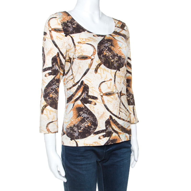 Pre-owned Escada Beige Jersey Saddle Print Long Sleeves Top M