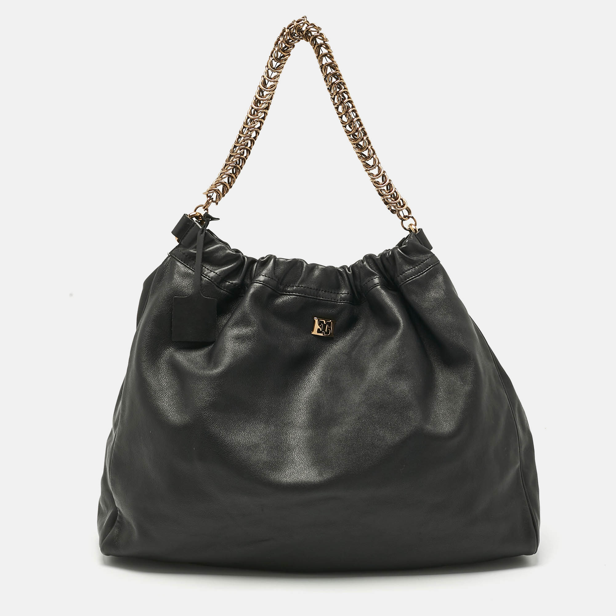 

Escada Black Leather Chain Logo Hobo