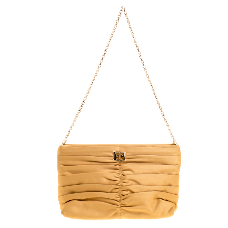 Pre Owned Escada Yellow Pleated Satin Chain Shoulder Bag