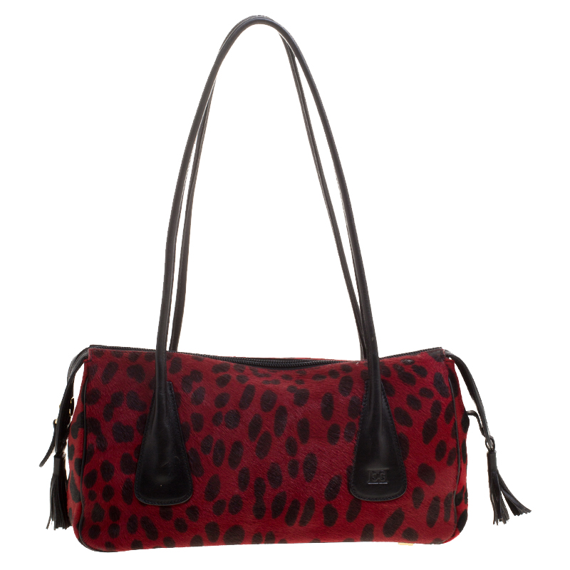 Pre Owned Escada Red/Black Leopard Print Calfhair and Leather Shoulder Bag