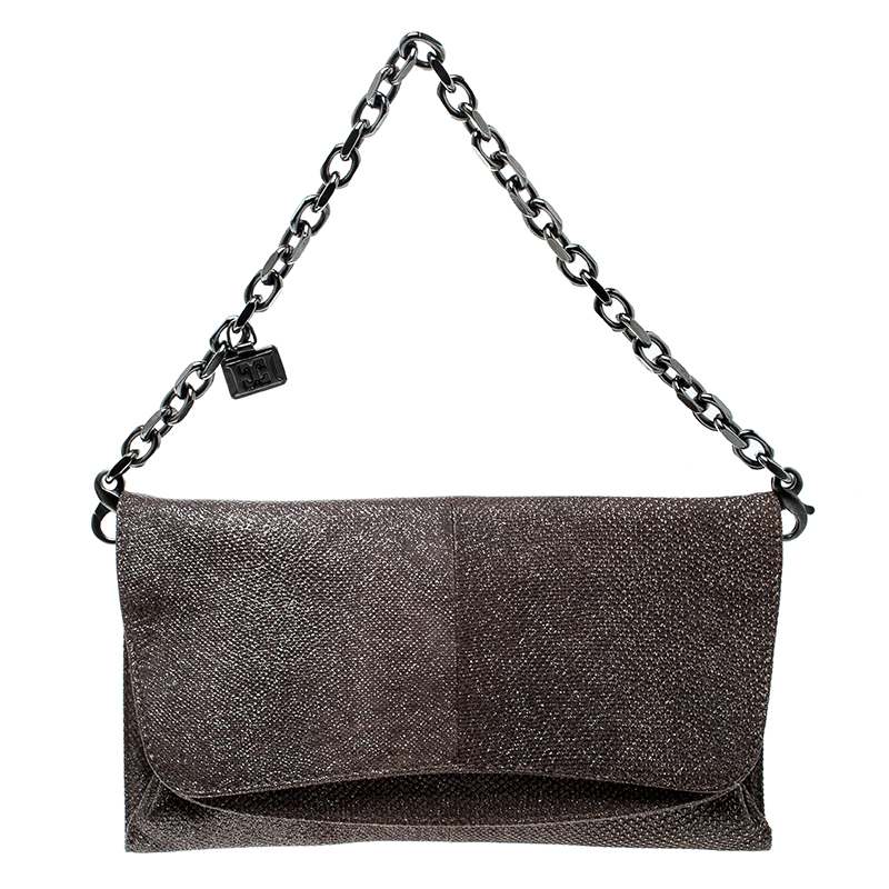 Pre Owned Escada Dark Beige Lizard Glitter Chain Clutch
