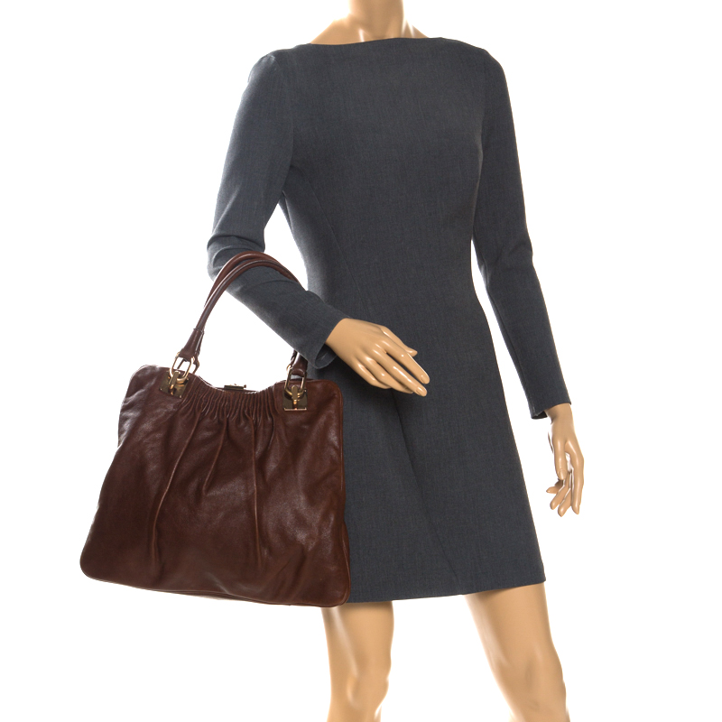 

Escada Brown Pleated Leather Frame Tote