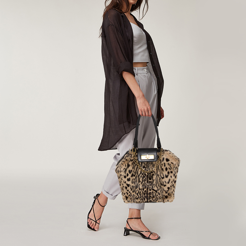 

Escada Black/Beige Tiger Print Faux Fur and Leather Turnlock Flap Tote