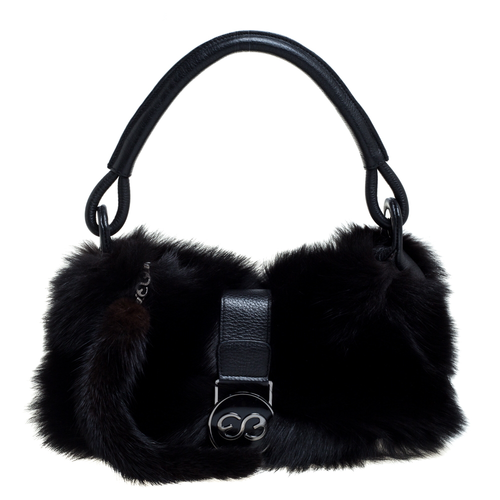 Pre-owned Escada Black Mink Fur And Leather Ring Shoulder Bag