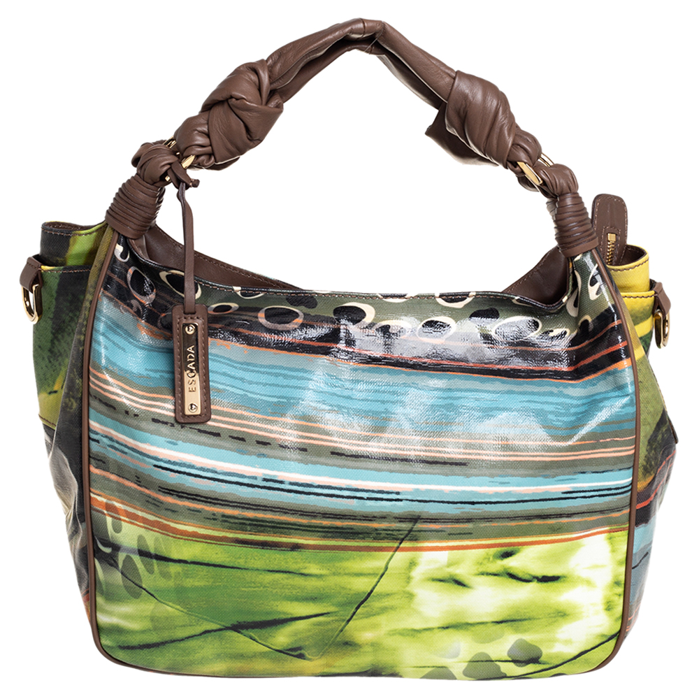 Pre-owned Escada Multicolor Printed Coated Canvas And Leather Knotted Handle Hobo