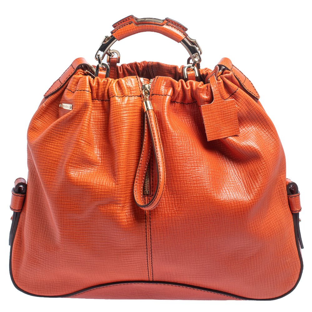 Pre-owned Escada Burnt Orange Textured Leather Zip Detail Shoulder Bag