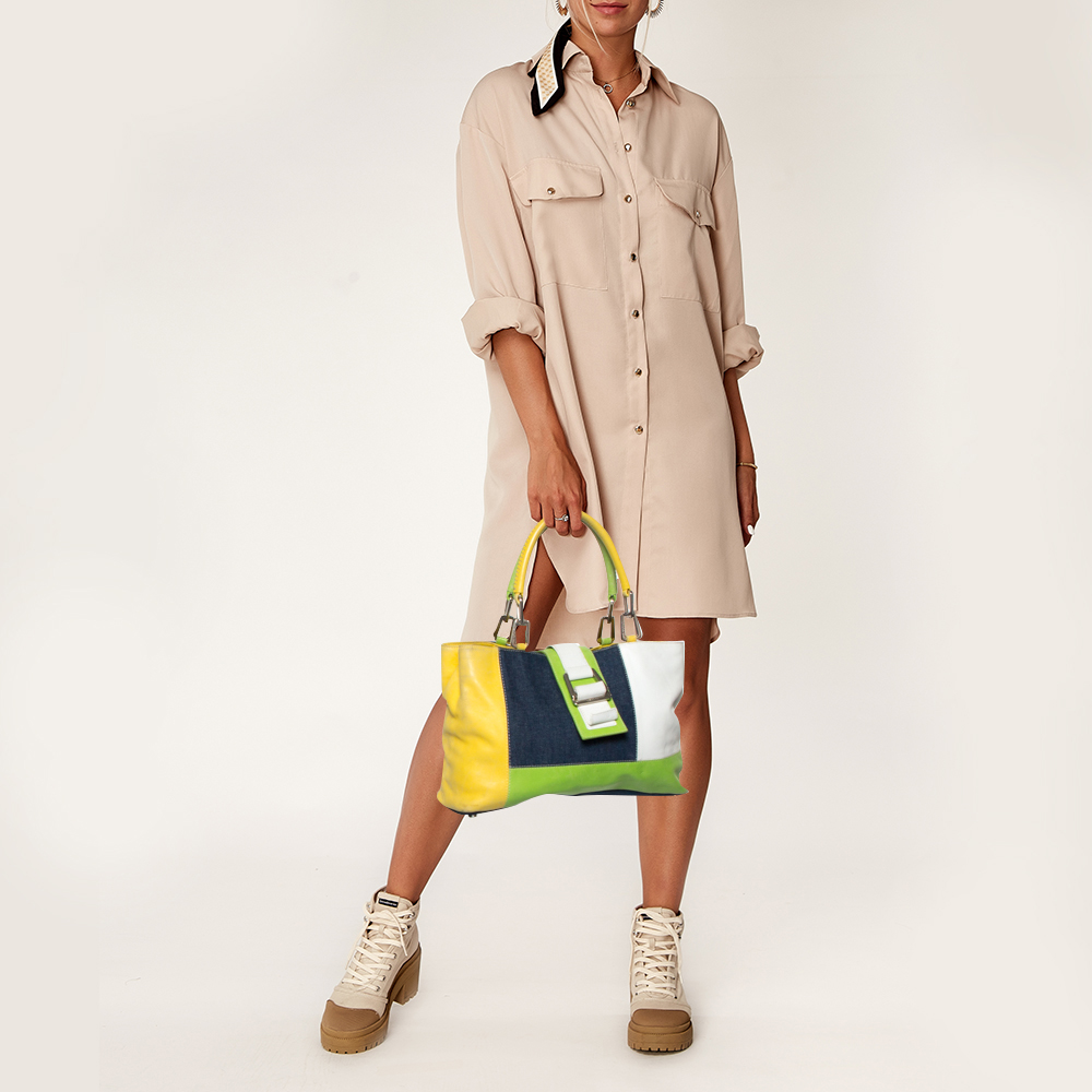 

Escada Multicolor Denim and Leather Patchwork Flap Tote