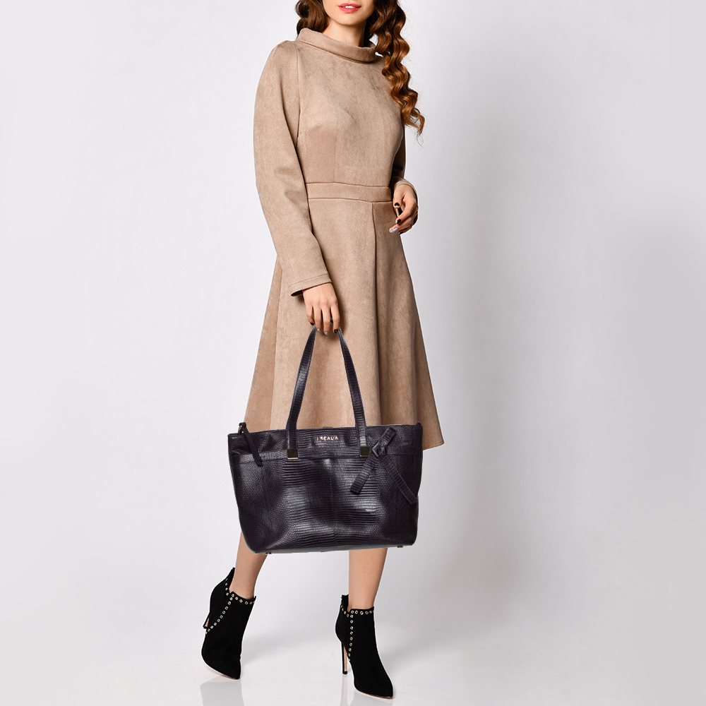 

Escada Purple Lizard Embossed Leather Bow Tote