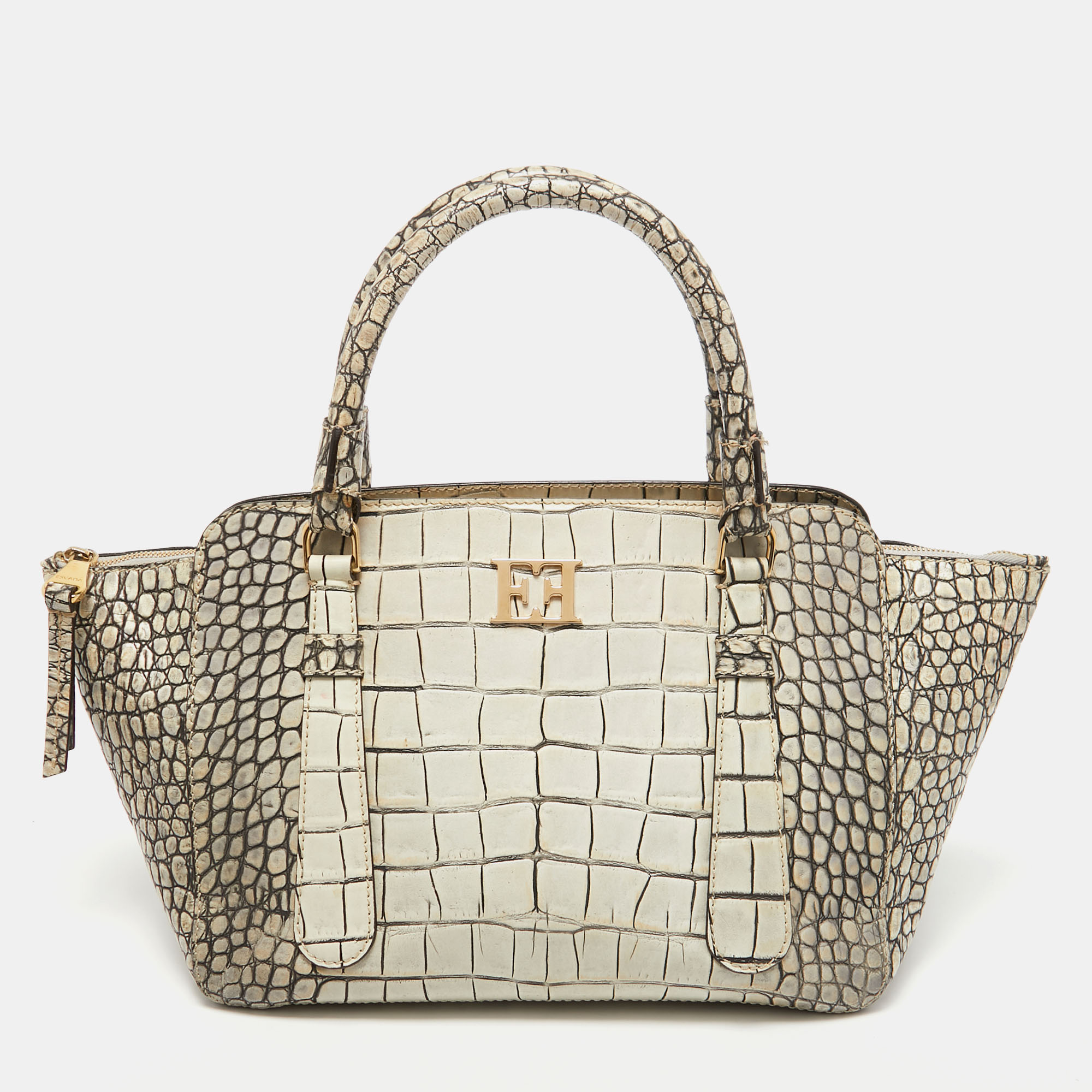 Pre-owned Escada White/grey Croc Embossed Leather Zip Tote
