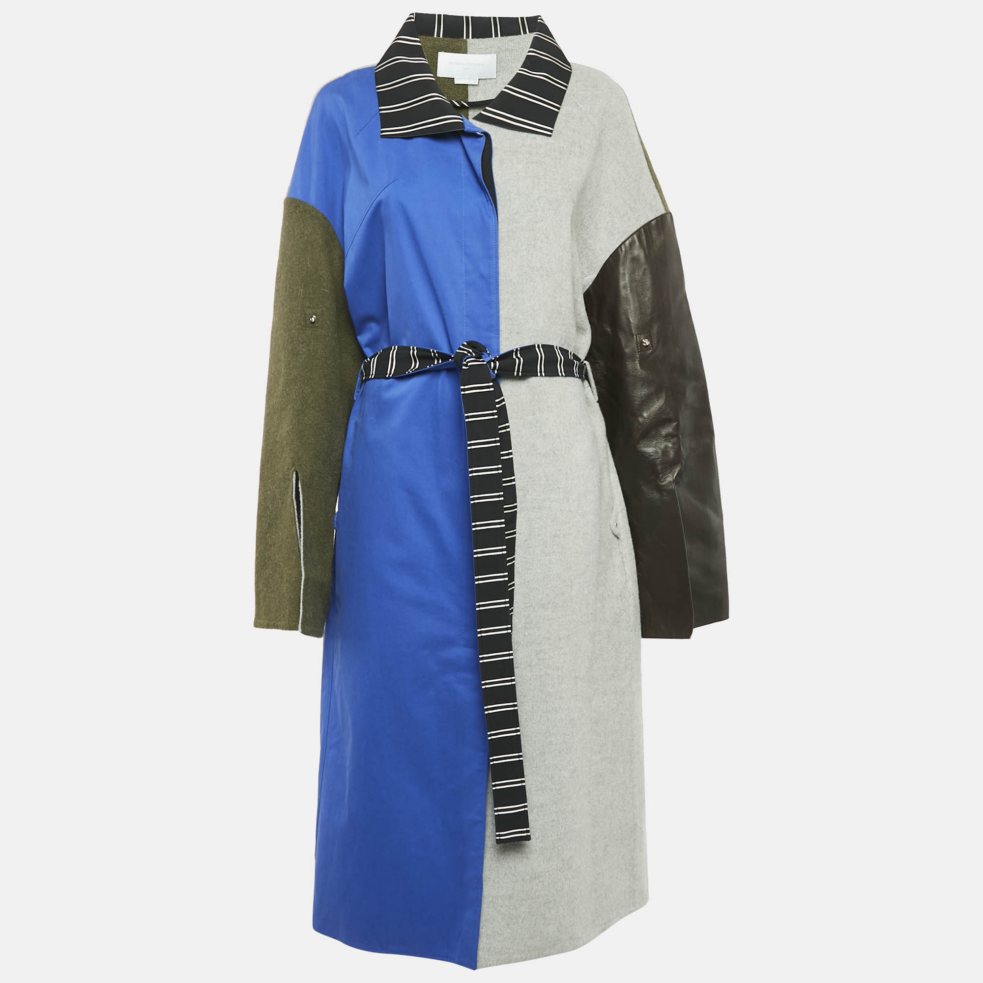 

Esteban Cortazar Grey/Black Wool and Leather Belted Mid-Length Coat S