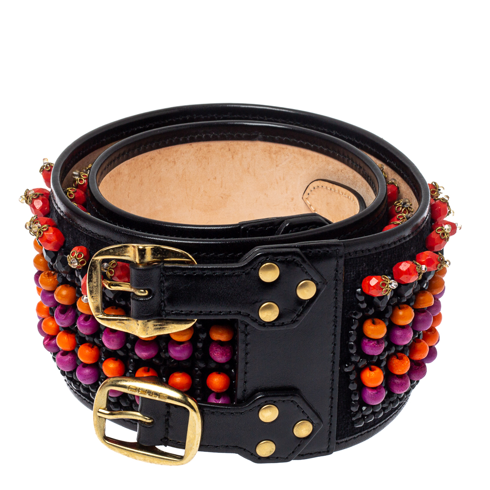 

Etro Black/Multicolor Beaded Fabric and Leather Trim Wide Belt