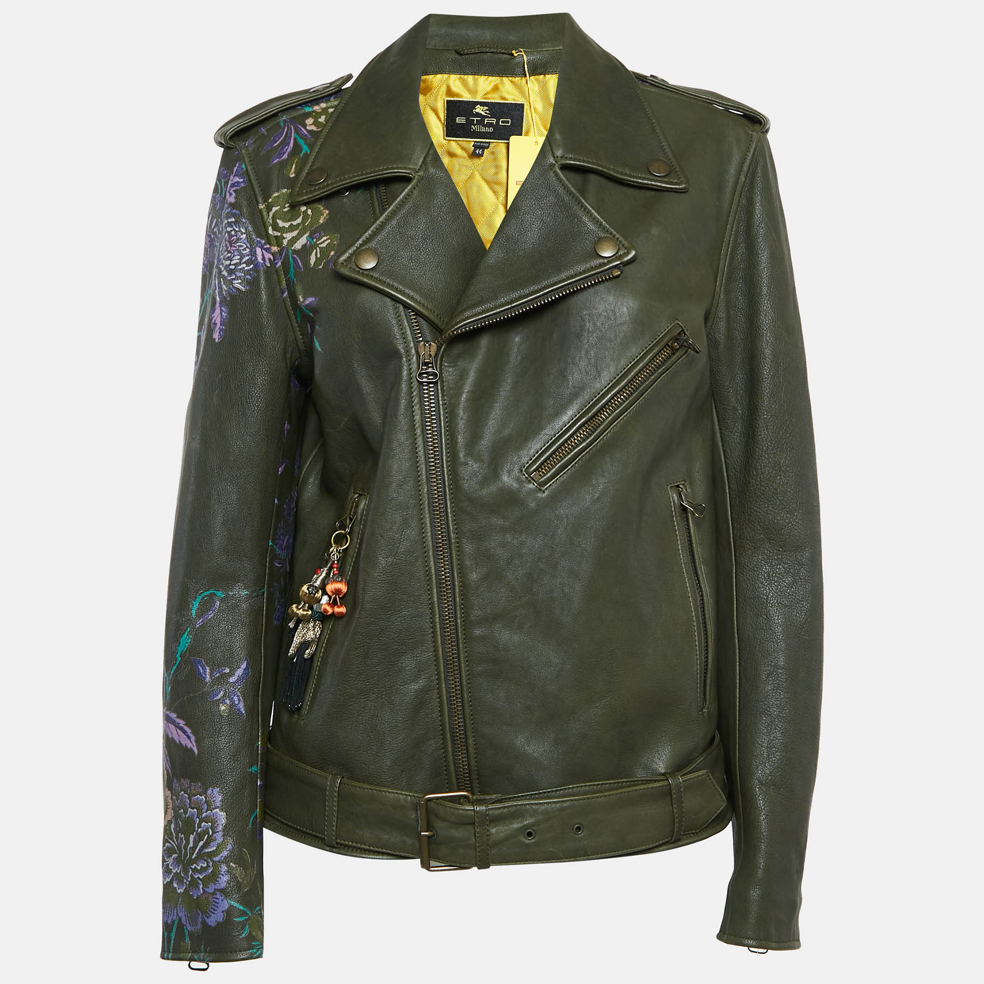 

Etro Green Floral Print Leather Applique Detail Jacket