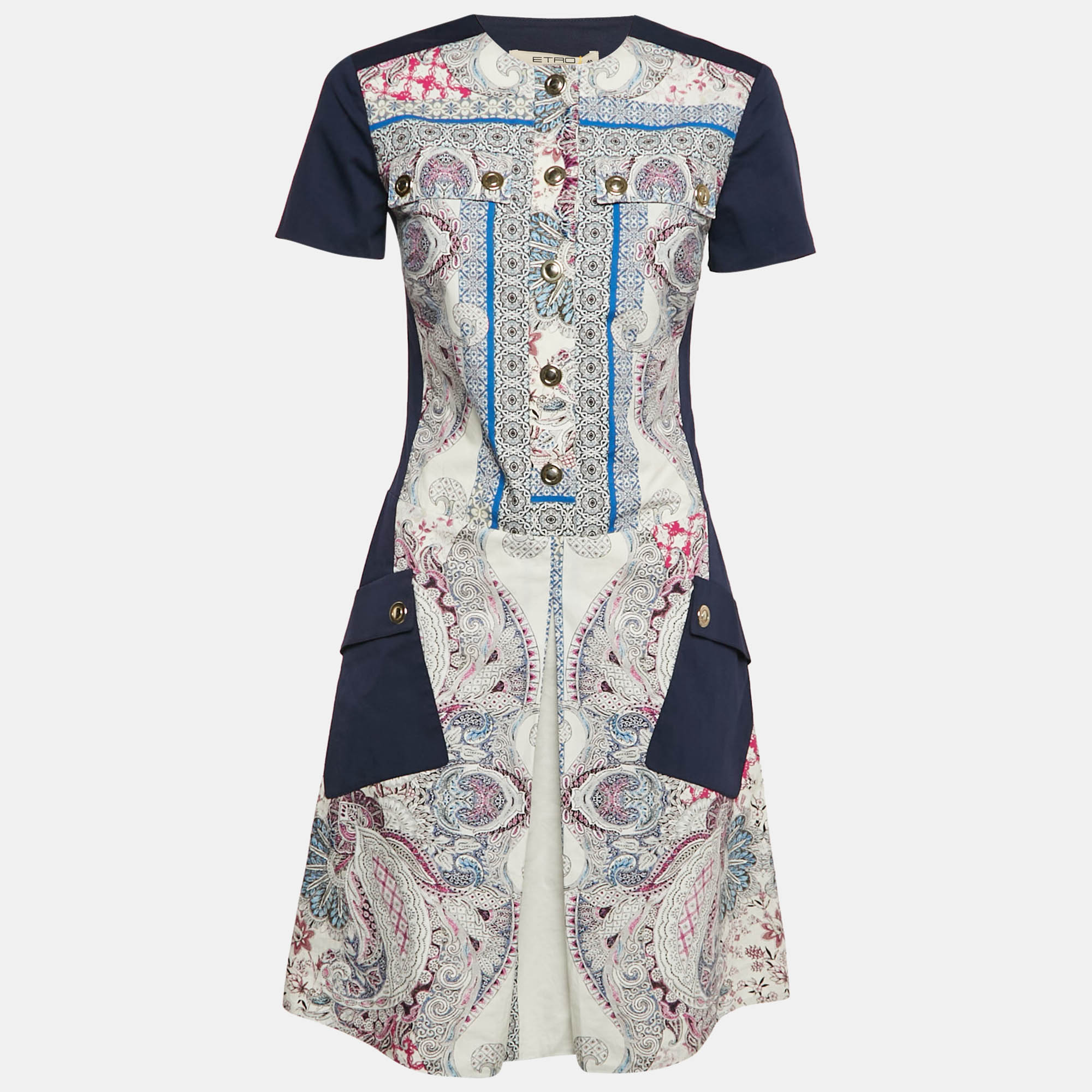 

Etro Navy Blue Printed Cotton Button Front Mini Dress S