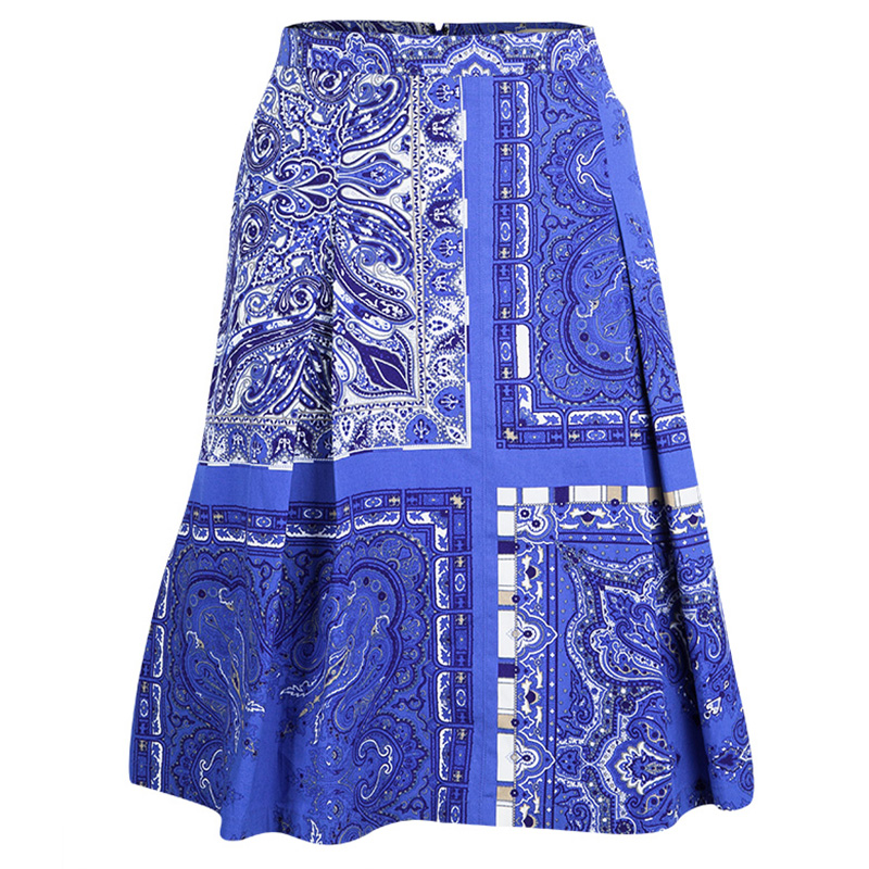 Etro Blue Paisley Printed Cotton Pleated Skirt L