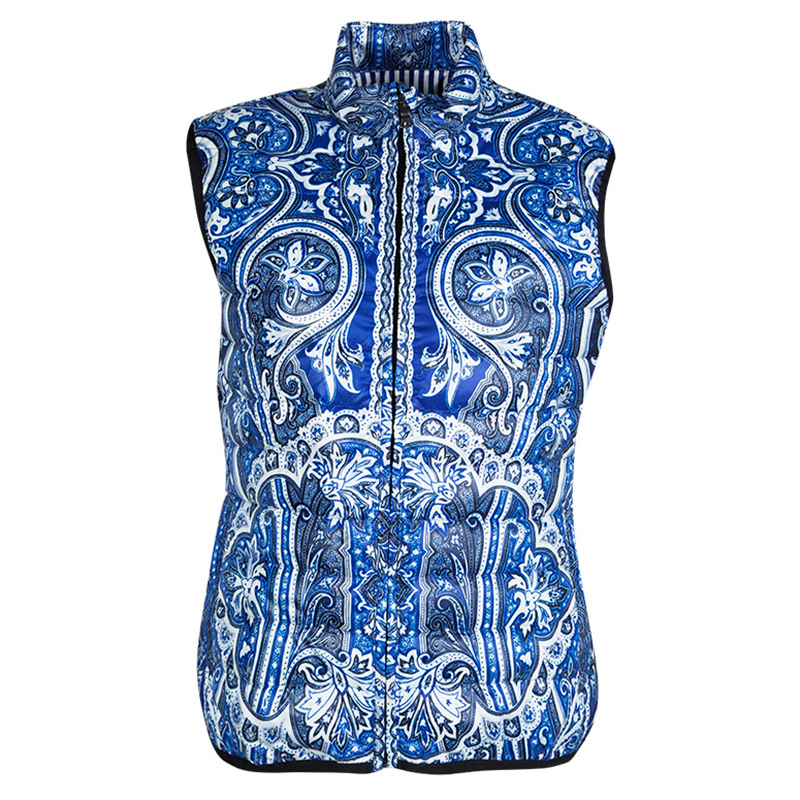 Pre Owned Etro Blue Paisley Printed Quilted Puffer Vest L