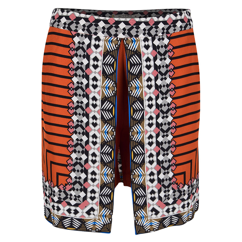 Pre Owned Etro Orange Printed Silk Mini Skirt-Shorts S