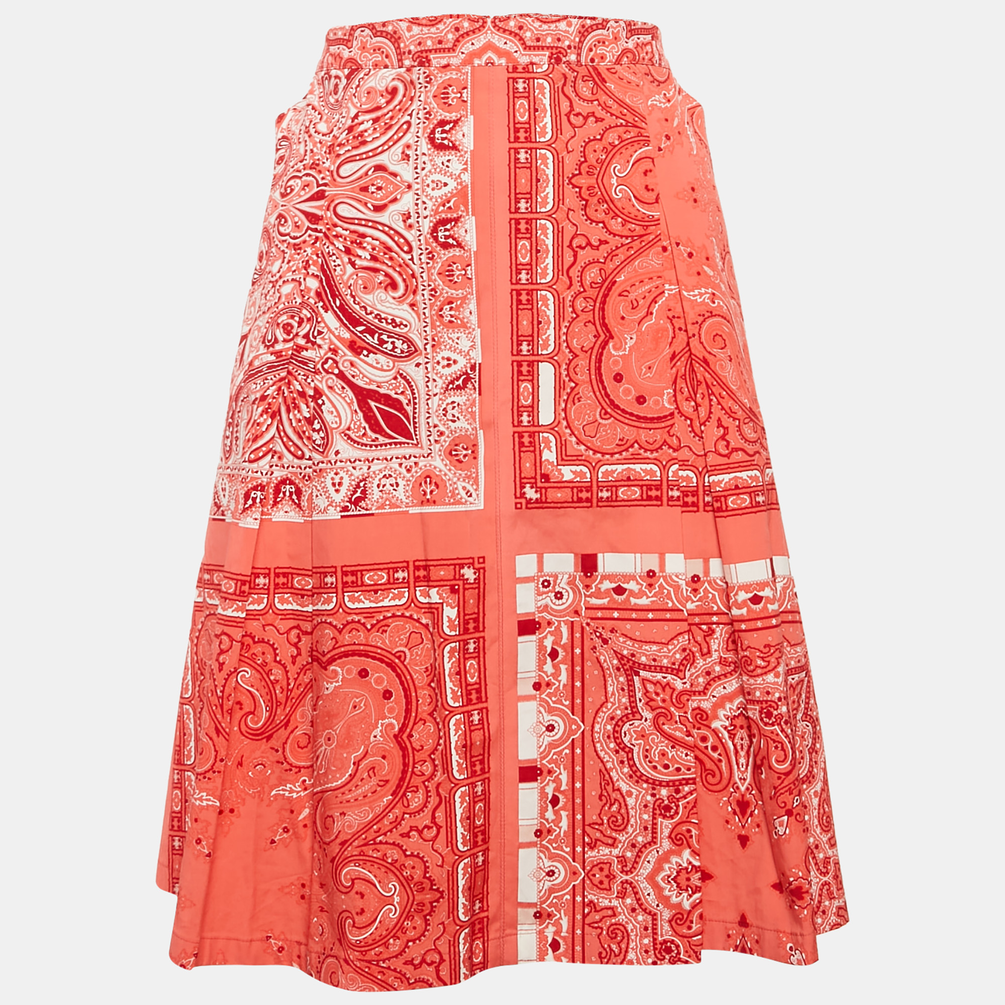 

Etro Red Printed Cotton Box Pleat Detail Short Skirt L