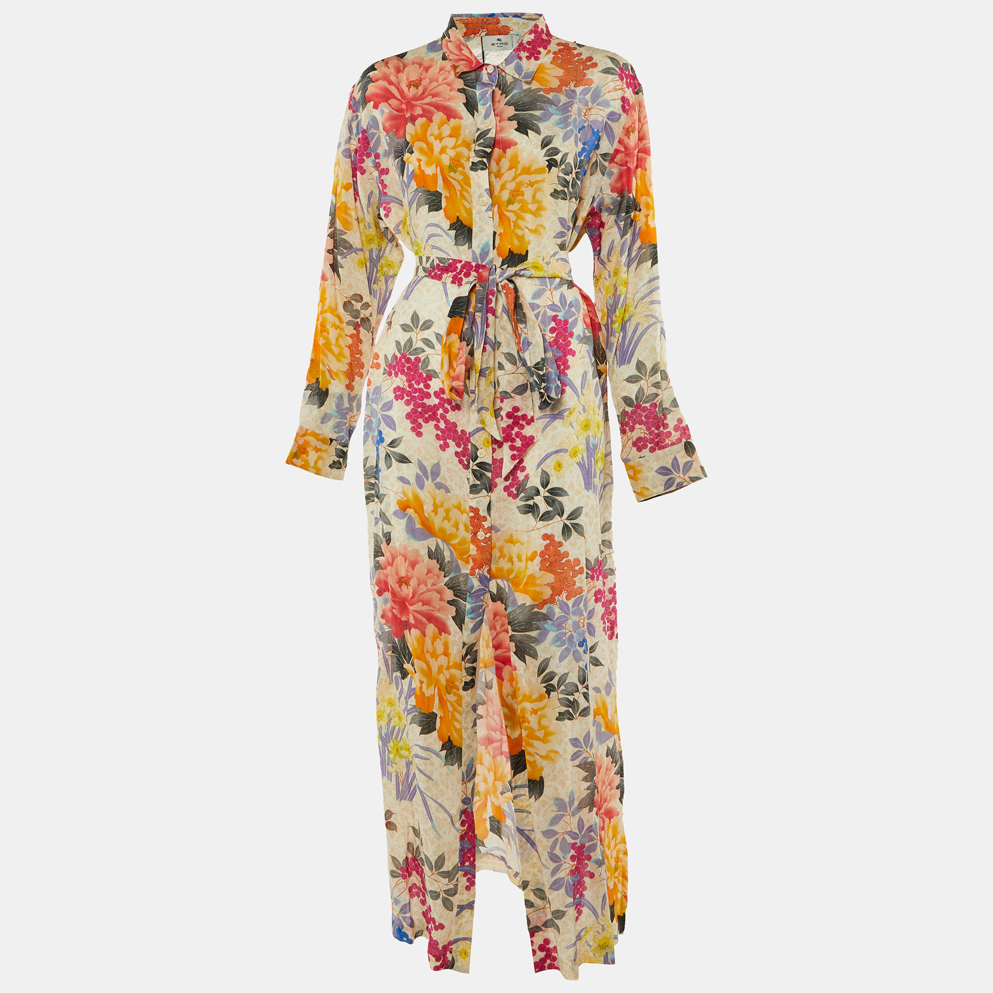 Etro Multicolor Printed Ramie Belted Long Dress L