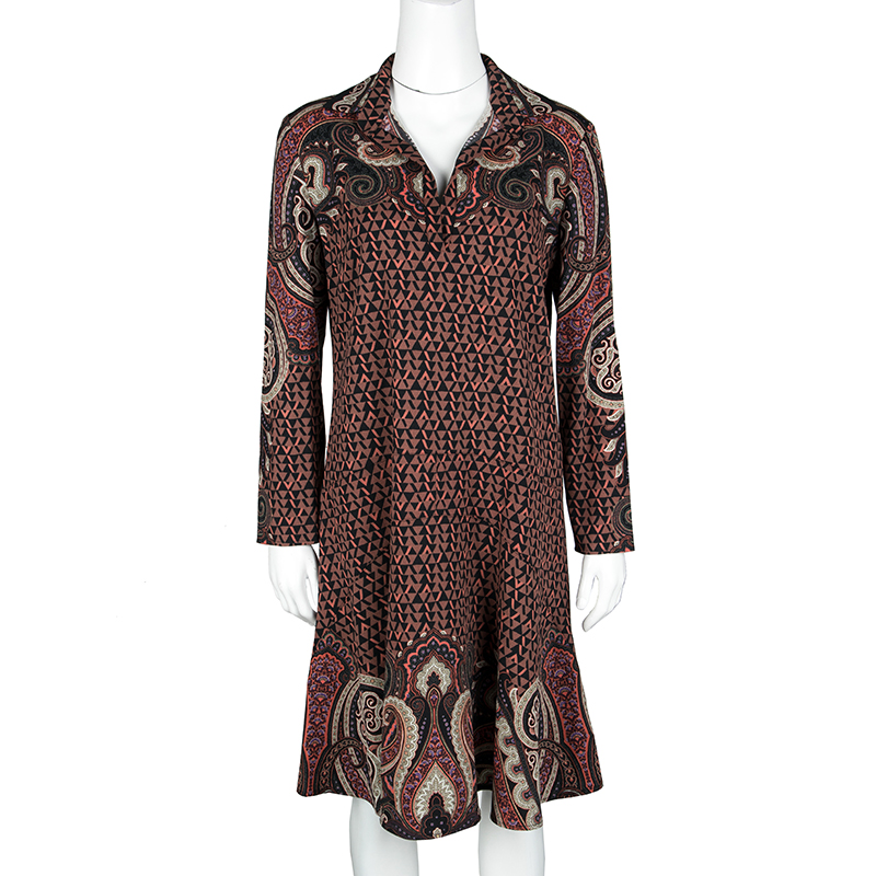 

Etro Multicolor Printed Wool Crepe Long Sleeve Flared Bottom Dress