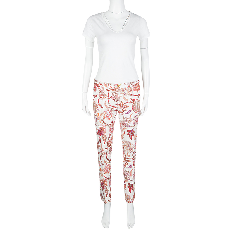 

Etro Off White Floral Printed Stretch Cotton Trousers