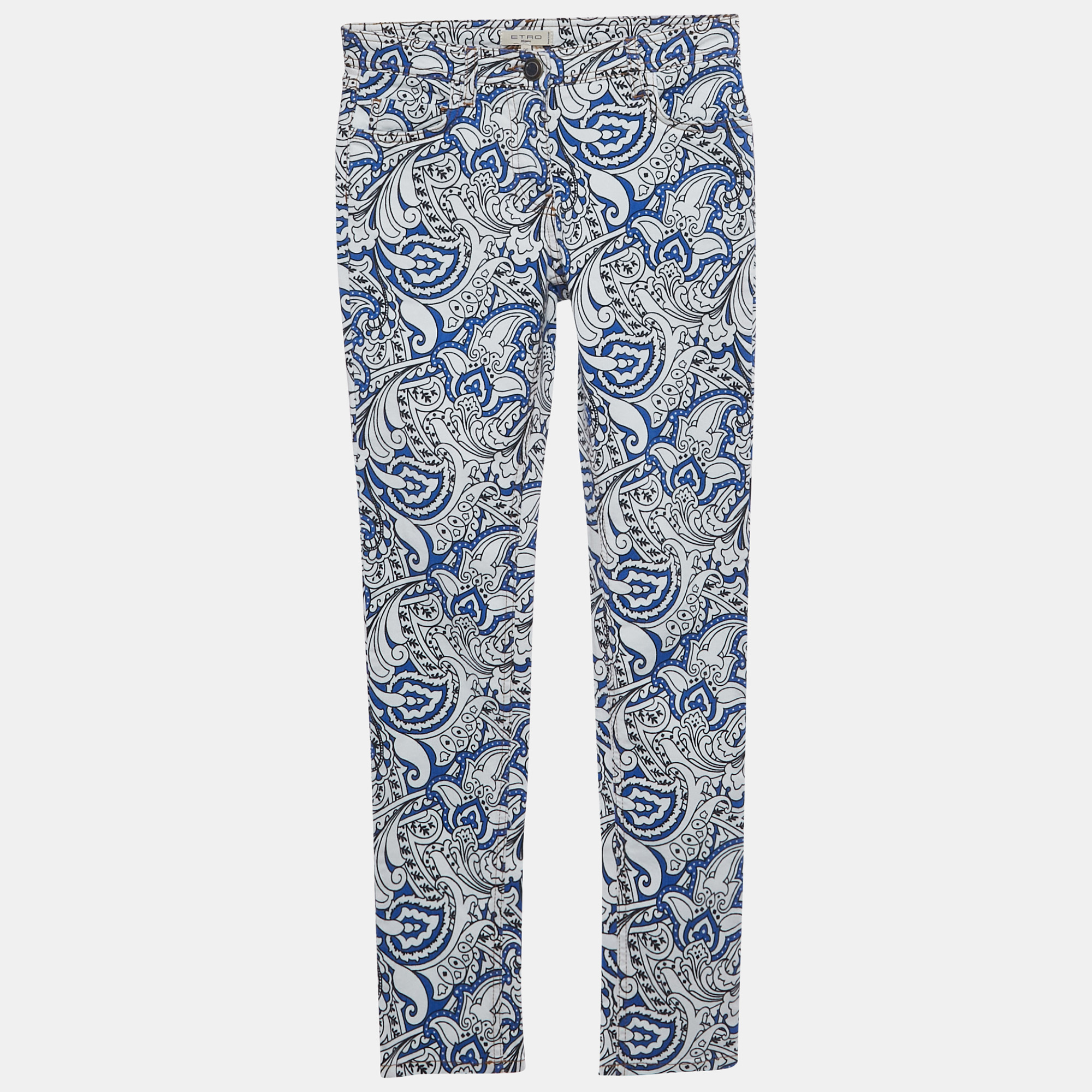 Pre-owned Etro Blue Paisley Print Denim Skinny Jeans S Waist 26"