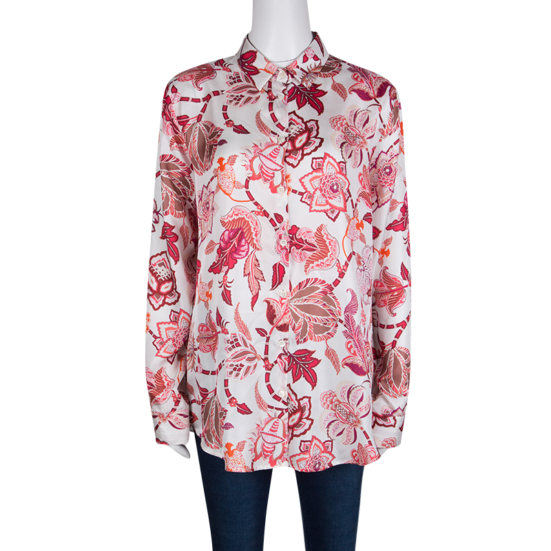 

Etro White Floral Printed Silk Long Sleeve Button Front Shirt