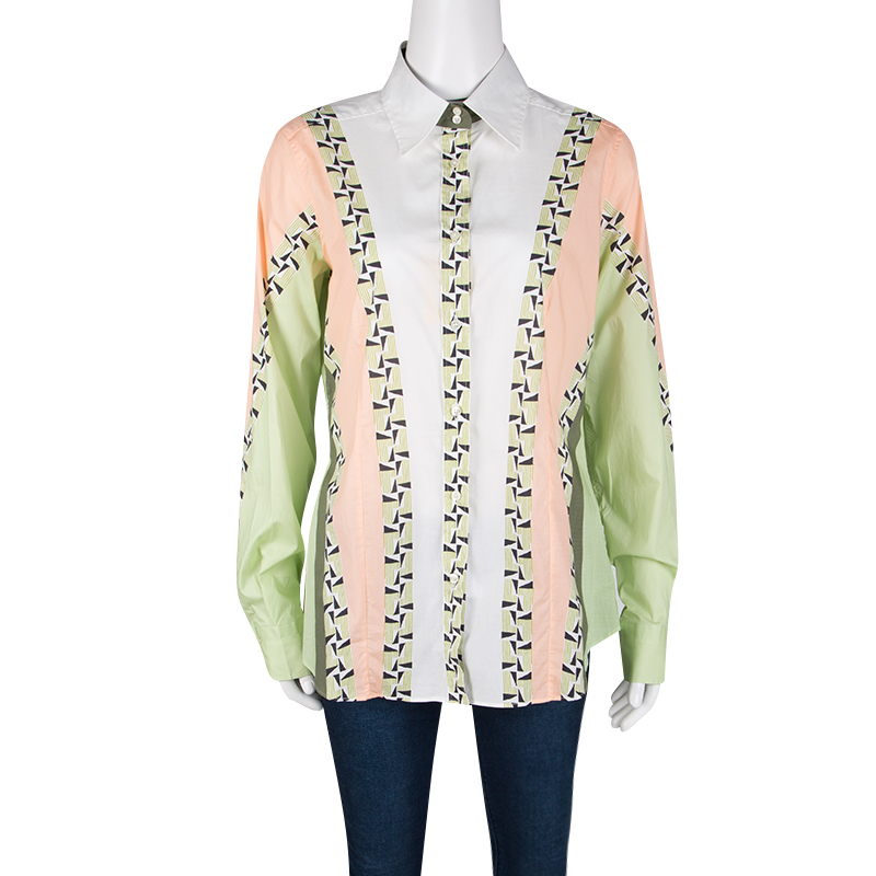 

Etro Colorblock Printed Cotton Long Sleeve Button Front Shirt, Multicolor