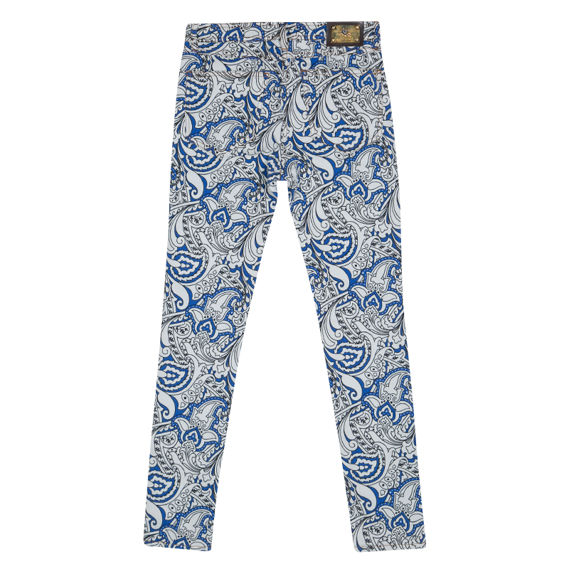 

Etro White and Blue Paisley Printed Skinny Denim Jeans