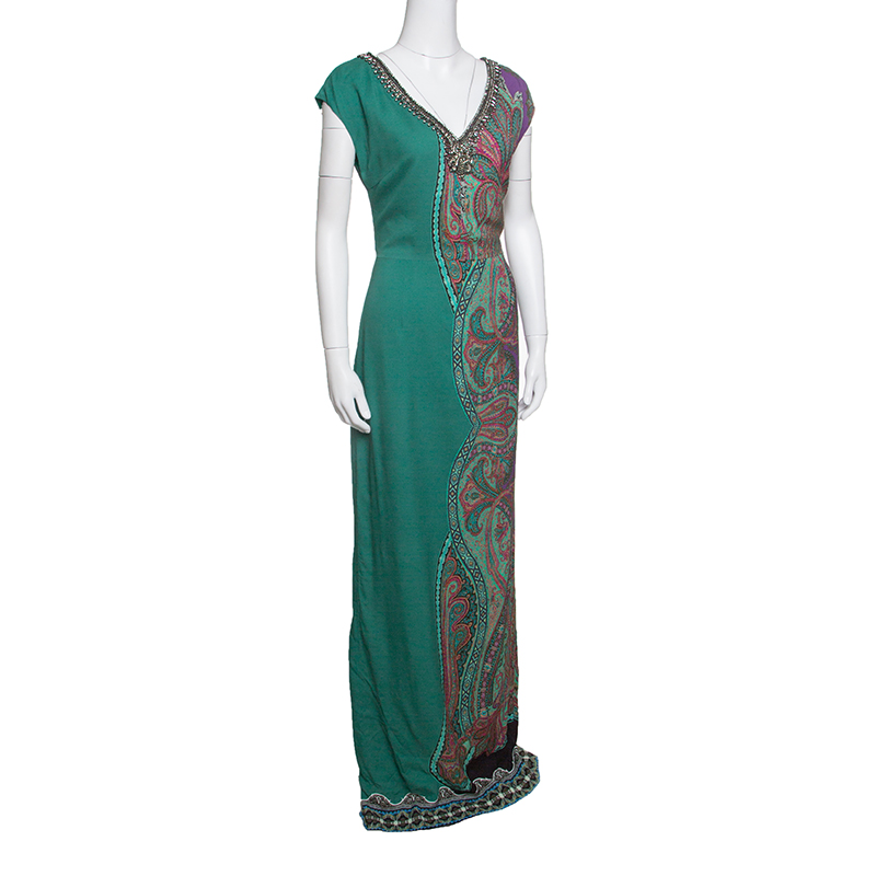 

Etro Green Paisley Printed Embellished Maxi Dress