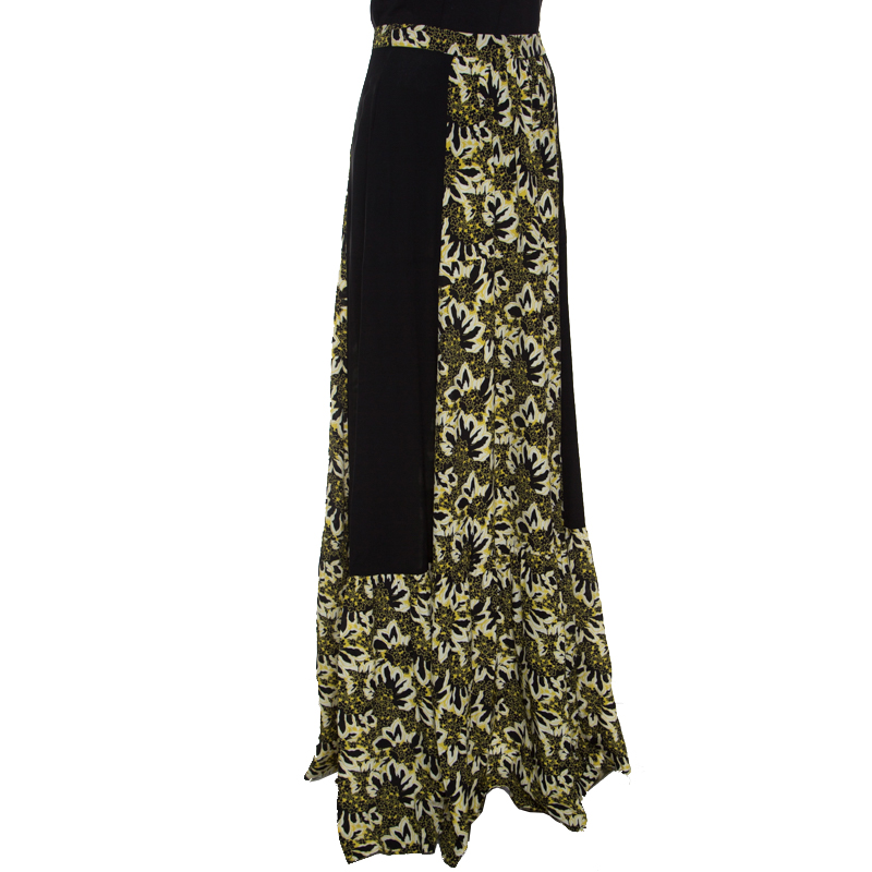 

Etro Black and Yellow Floral Printed Silk Maxi Skirt