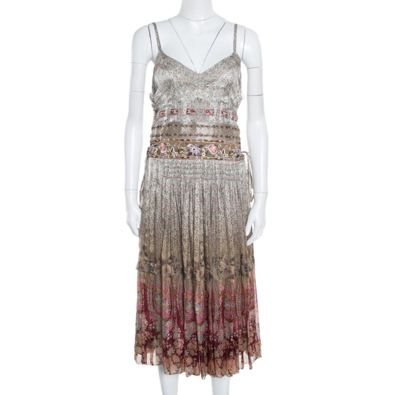 مملوكة مسبقًا Etro Ivory Rose Floral Printed Silk Sequin Embellished Striated Ombré Sundress L