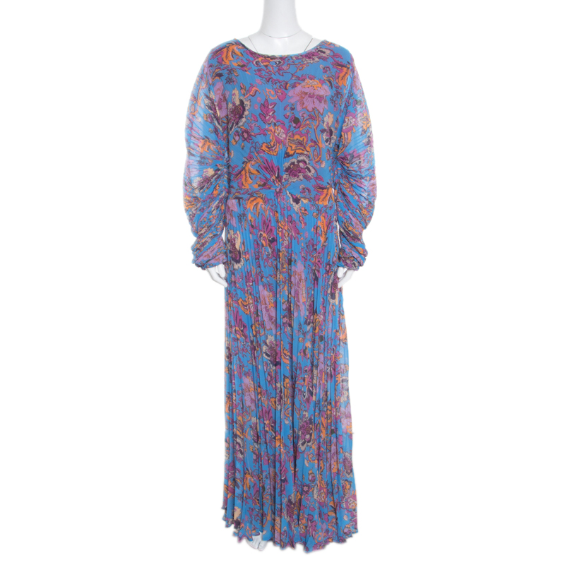 Etro Blue Ornate Floral Printed Silk Lined Pleated Maxi Dress L Etro | TLC