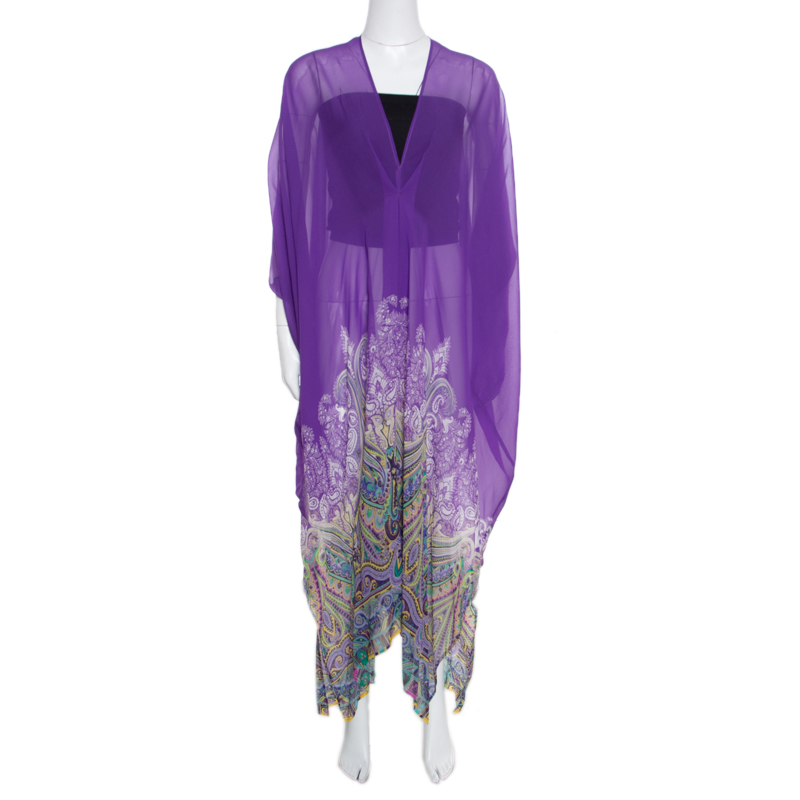 Etro Purple Paisley Border Printed Sheer Silk Maxi Kaftan ( One Size )