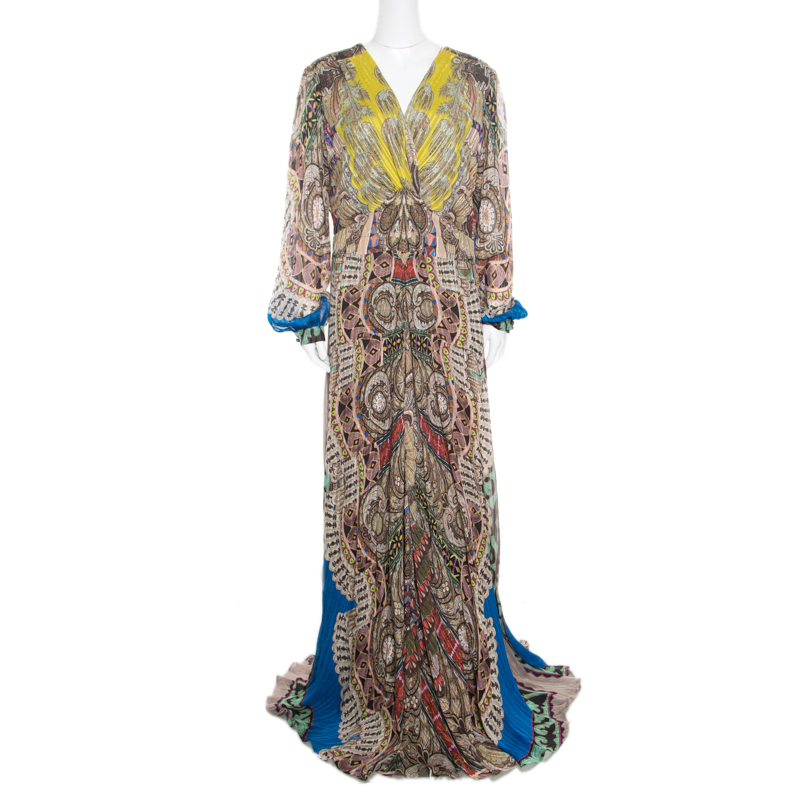 Pre Owned Etro Multicolor Paisley Printed Silk Plunge Neck Maxi Dress L