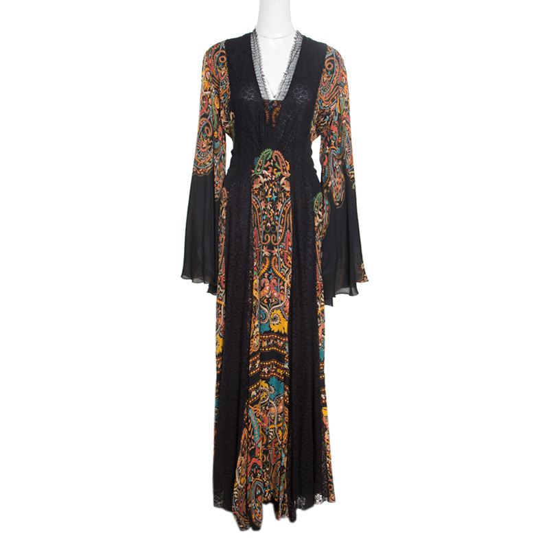Etro Black Damask Printed Silk Lace Insert Detail V Neck Gown L