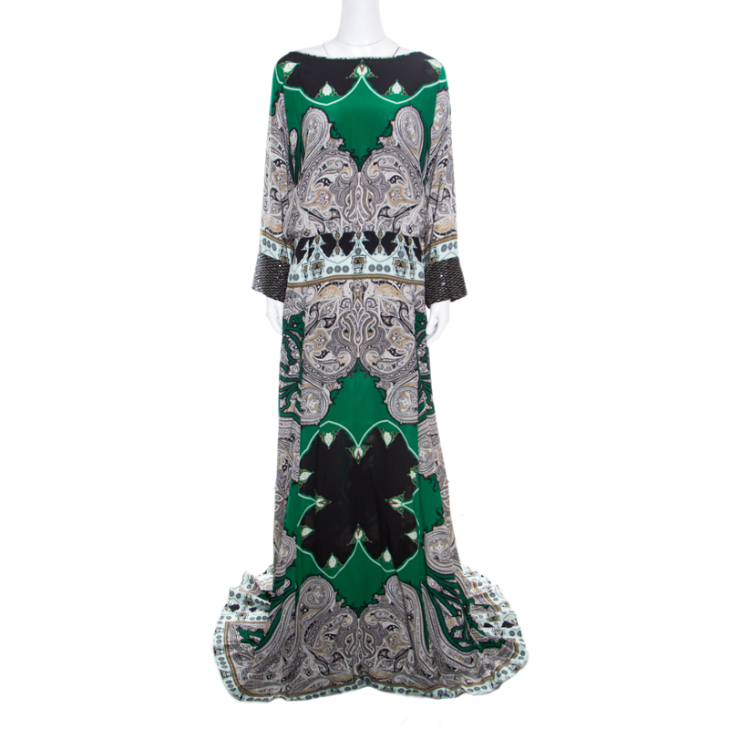 Pre Owned Etro Multicolor Paisley Printed Silk Embellished Cuff Detail Maxi Dress L 